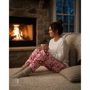 Joyspun Women’s Pajama Pants M 8-10 Pink Red Swirling Heart Print New (P0490)